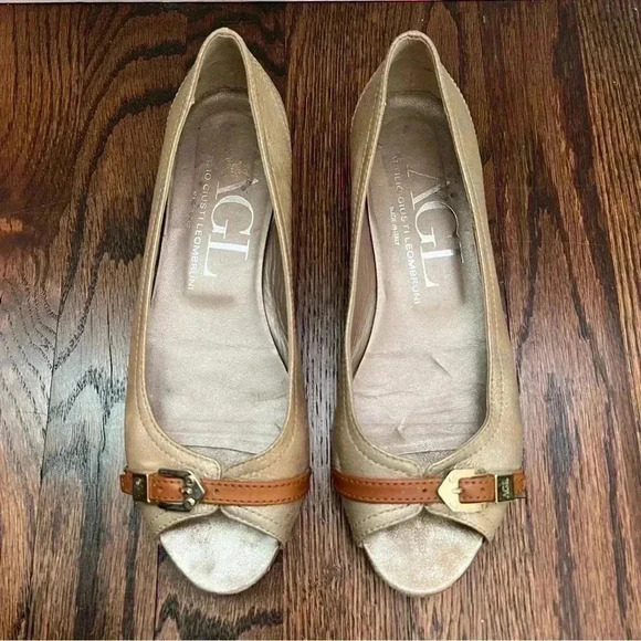 AGL  ATTILIO GUISTI LEOMBRUNI Tan Shimmer Open Toe Leather Ballet Flats 37.5/7.5 - Picture 10 of 16